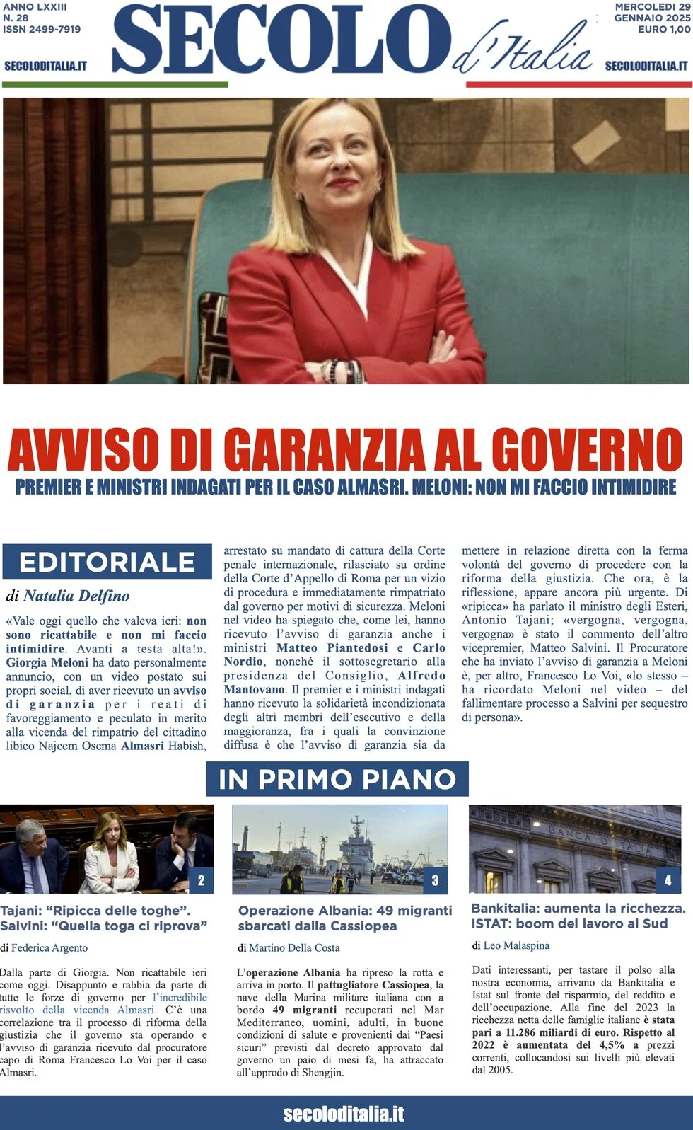 anteprima della prima pagina di secolo-ditalia del 29/01/2025