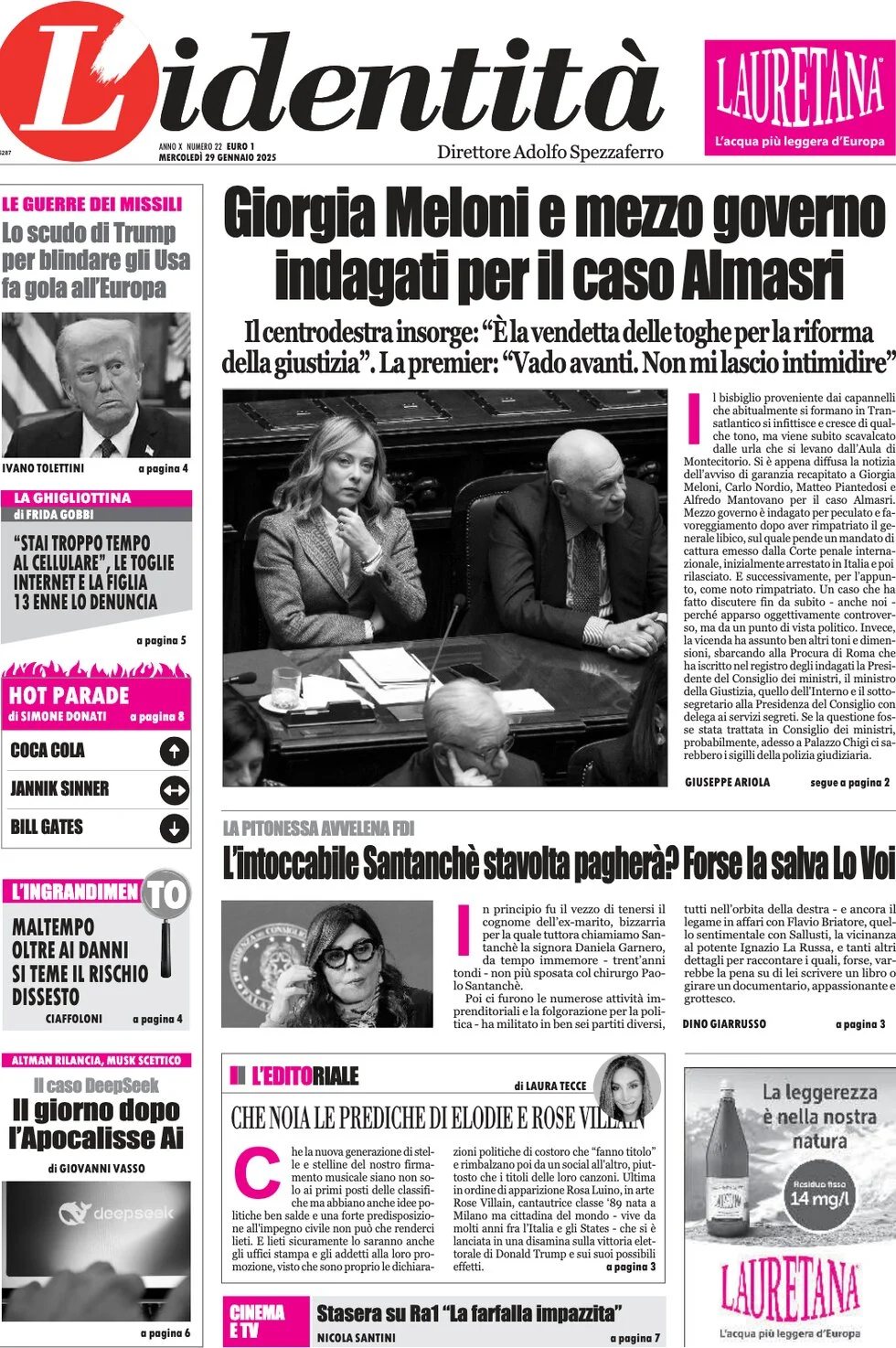 anteprima della prima pagina di lidentit del 29/01/2025