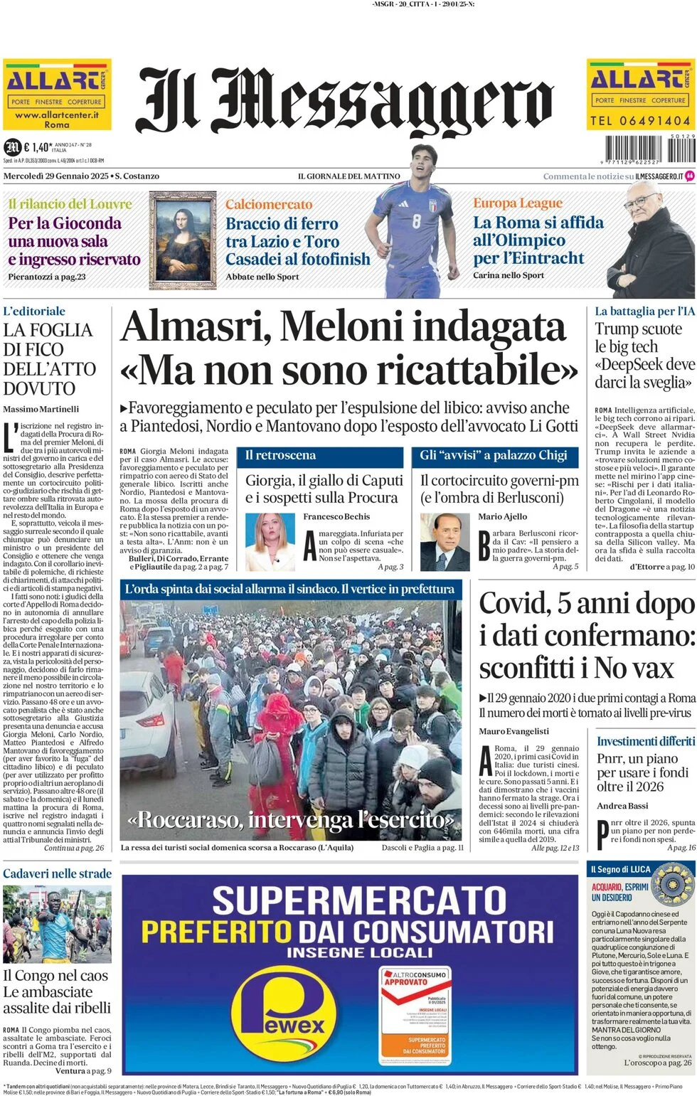 anteprima della prima pagina di il-messaggero del 29/01/2025
