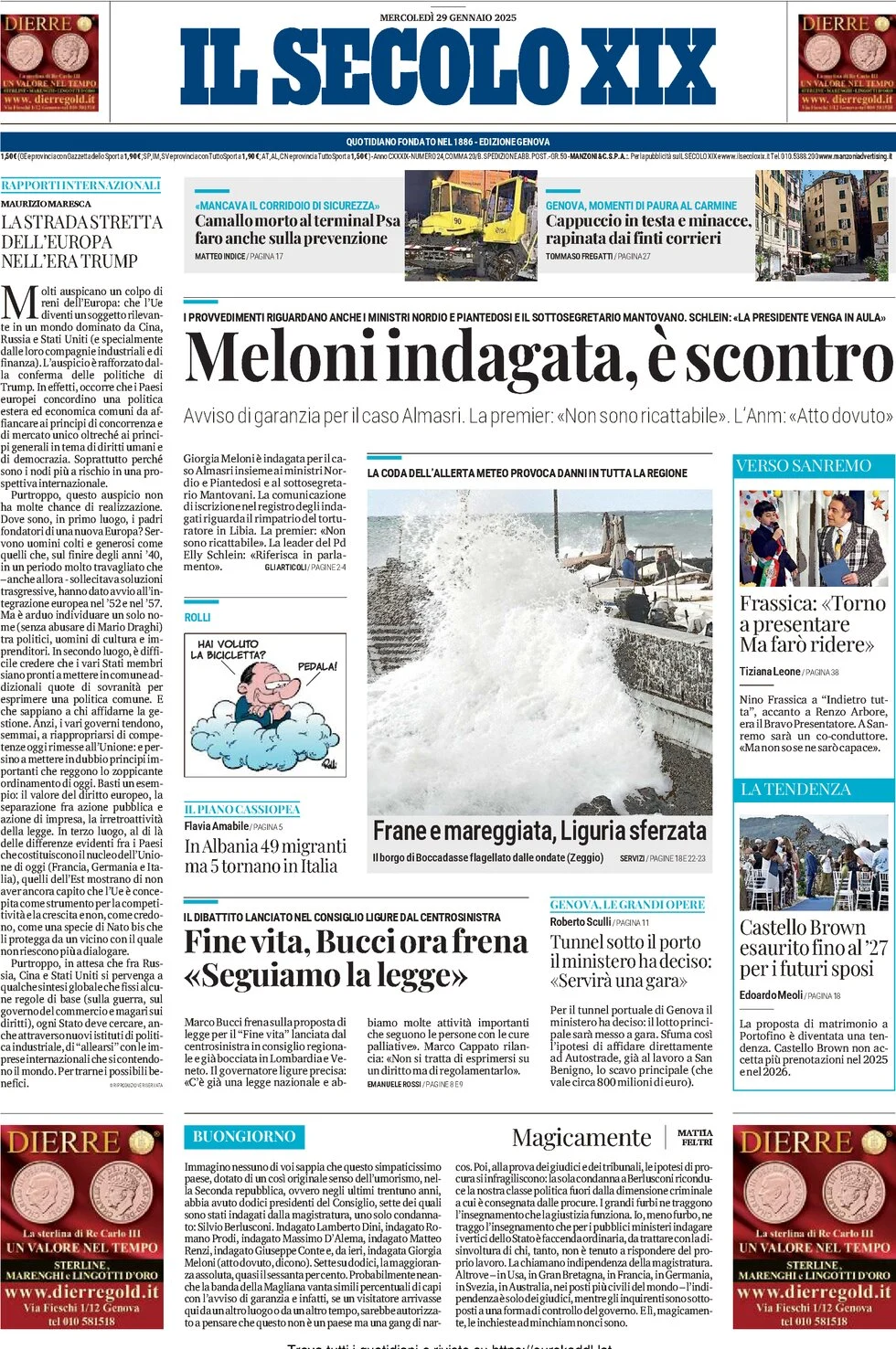 anteprima della prima pagina di il-secolo-xix del 29/01/2025