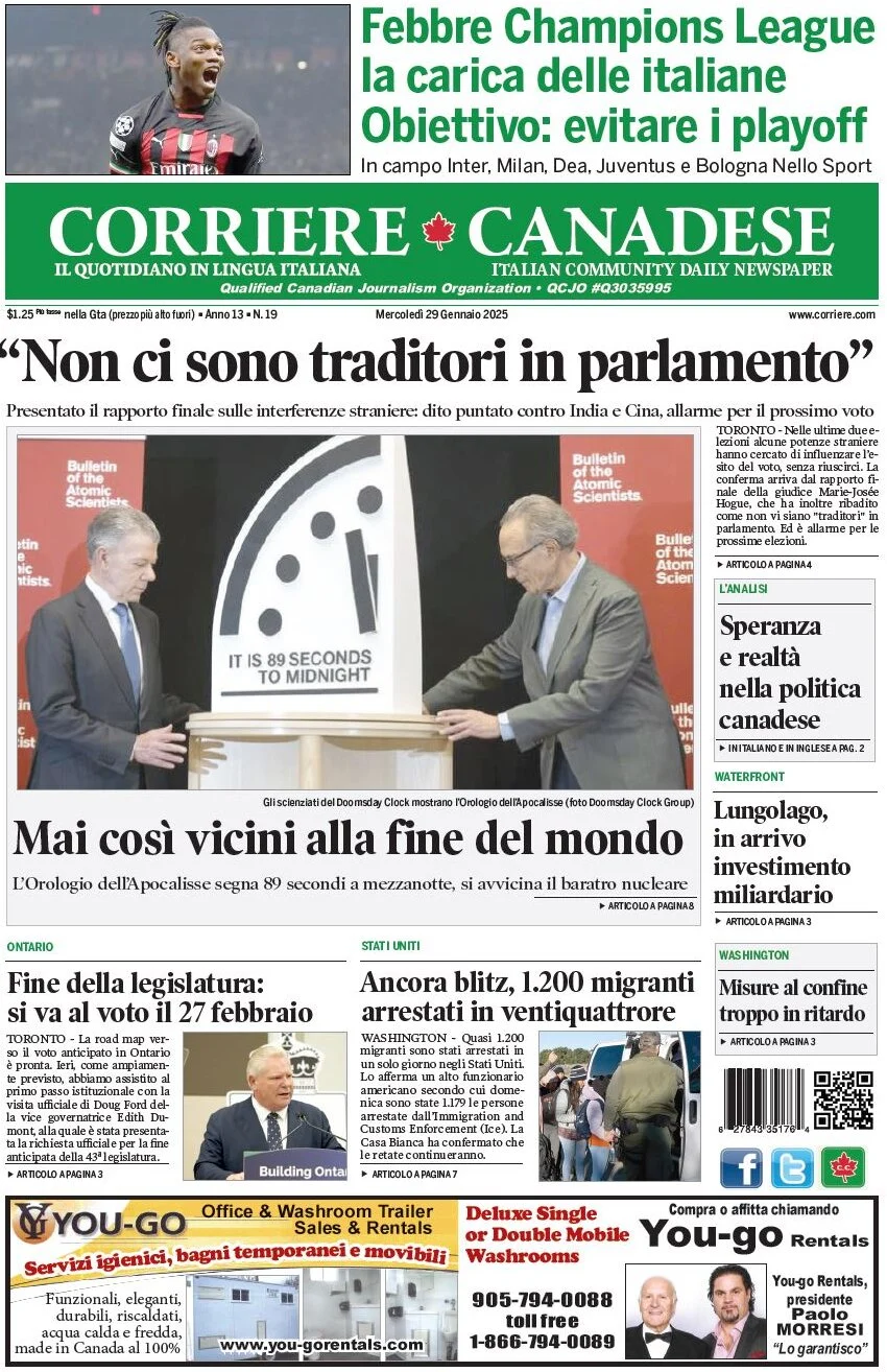 anteprima della prima pagina di corriere-canadese del 29/01/2025