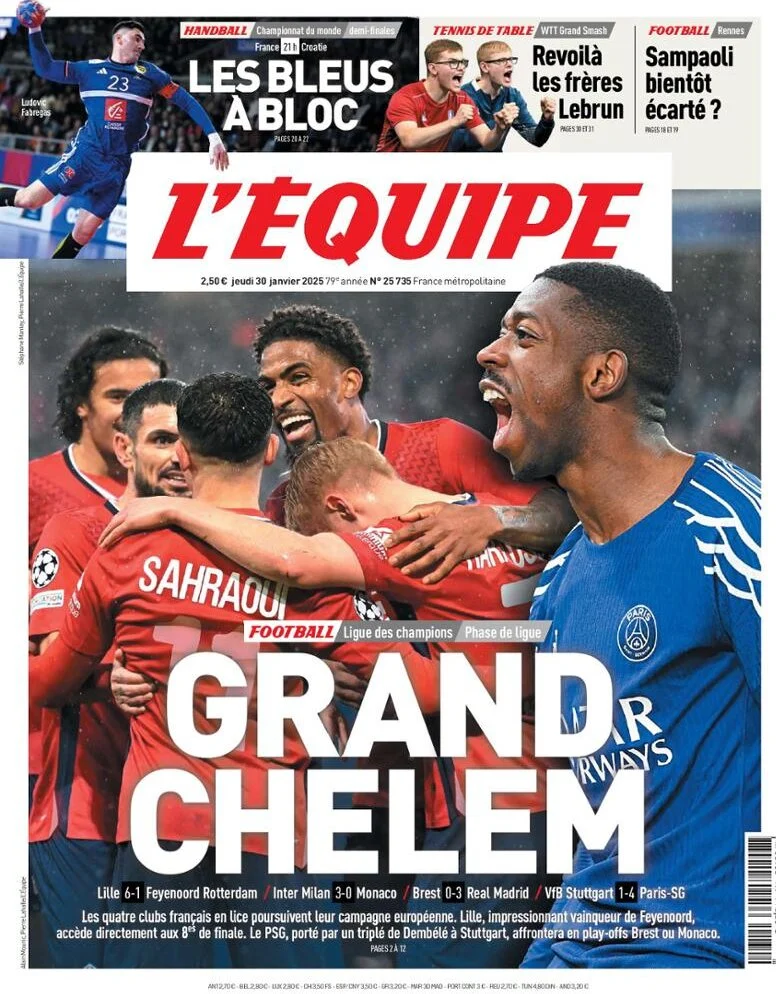 anteprima della prima pagina di lequipe del 30/01/2025