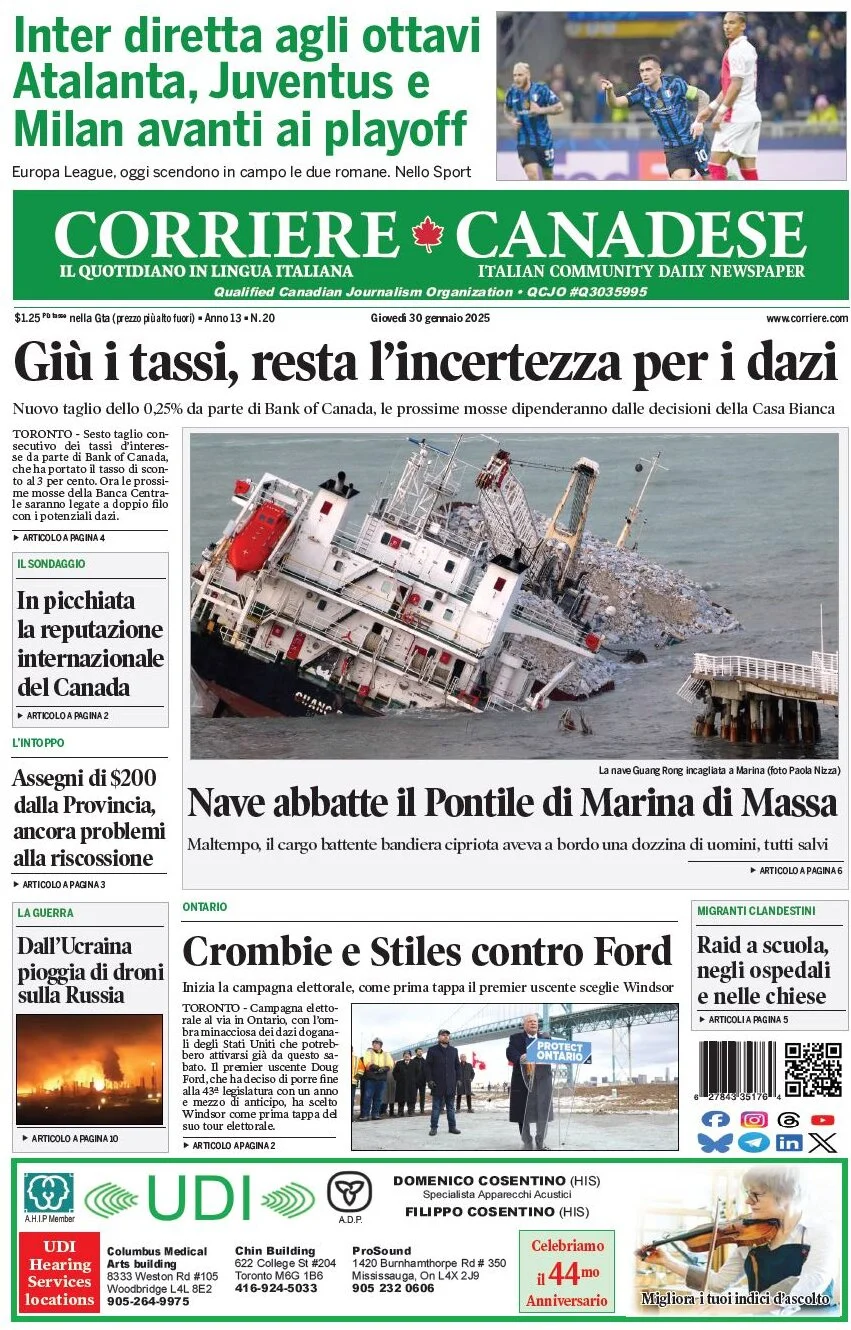 anteprima della prima pagina di corriere-canadese del 30/01/2025