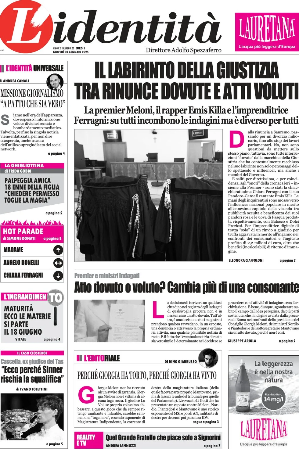 anteprima della prima pagina di lidentit del 30/01/2025