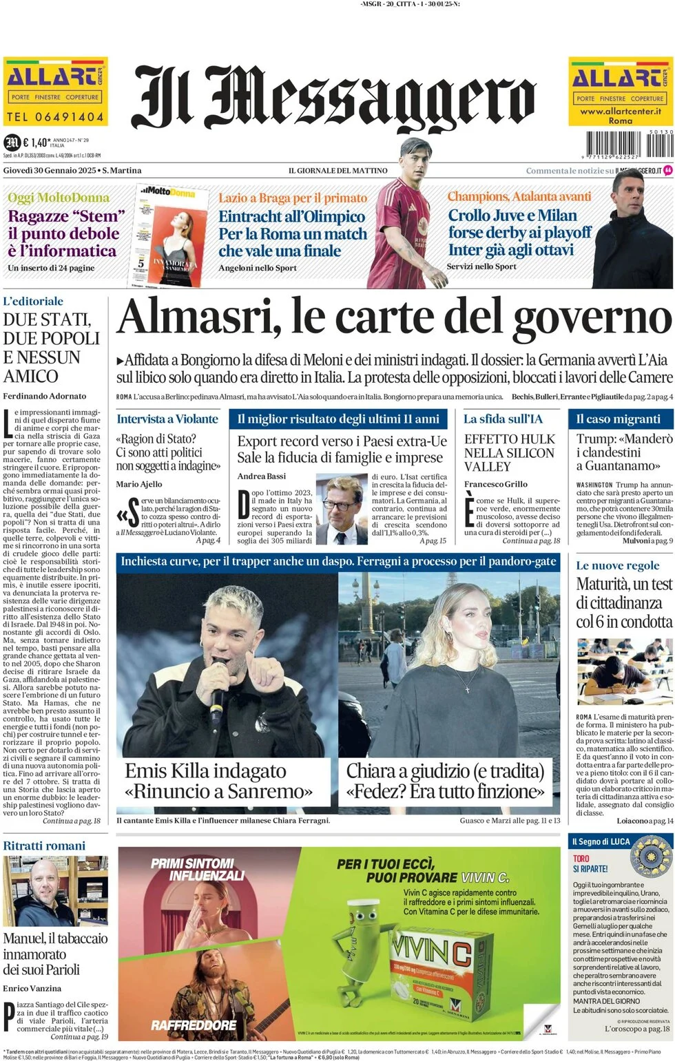 anteprima della prima pagina di il-messaggero del 30/01/2025
