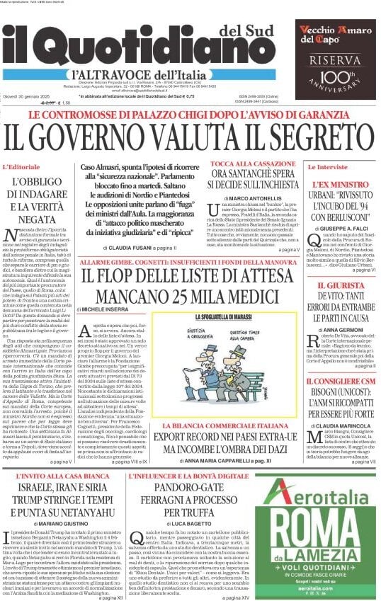 anteprima della prima pagina di il-quotidiano-del-sud-laltravoce del 30/01/2025