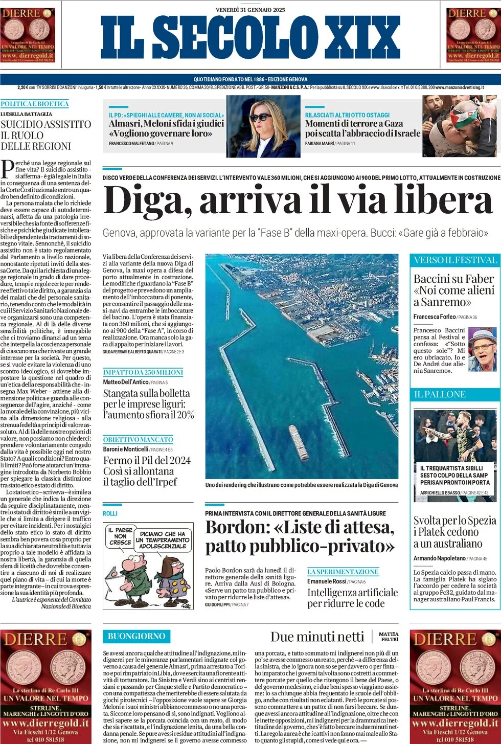 anteprima della prima pagina di il-secolo-xix del 31/01/2025