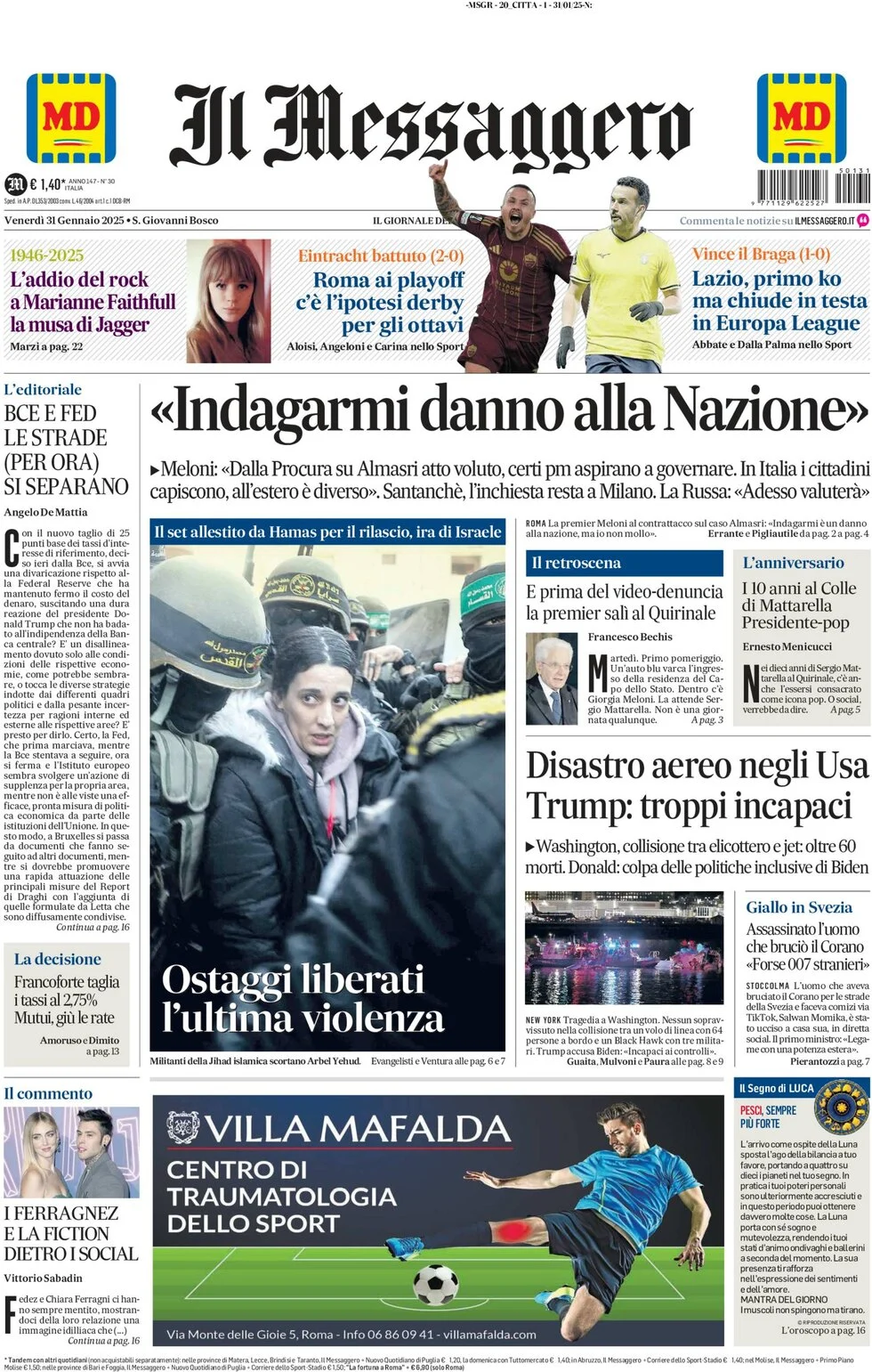 anteprima della prima pagina di il-messaggero del 31/01/2025