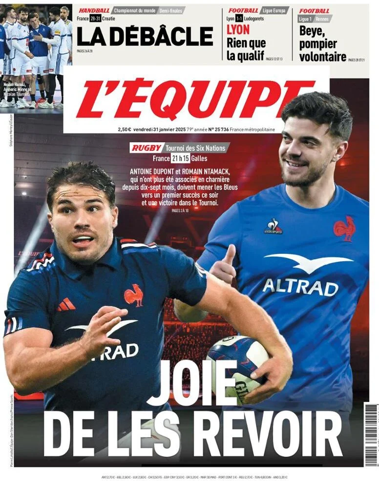anteprima della prima pagina di lequipe del 31/01/2025