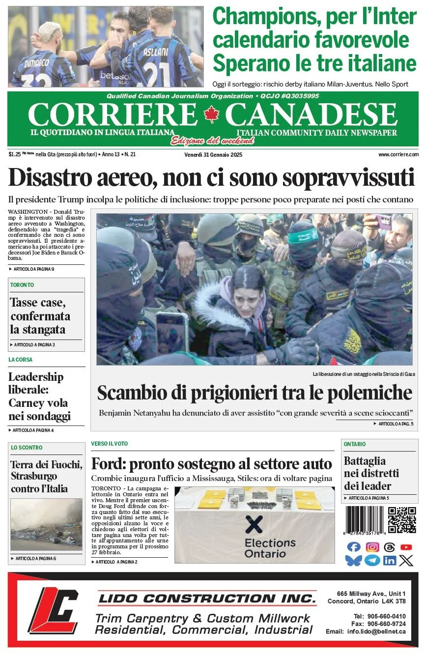 anteprima della prima pagina di corriere-canadese del 31/01/2025
