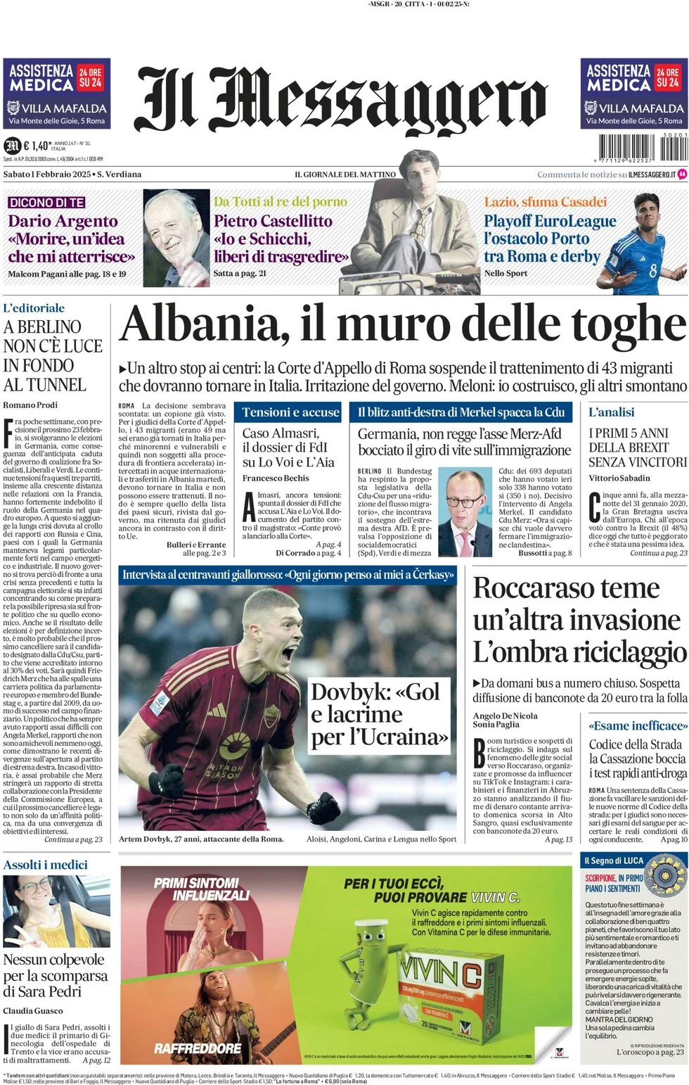 anteprima della prima pagina di il-messaggero del 01/02/2025