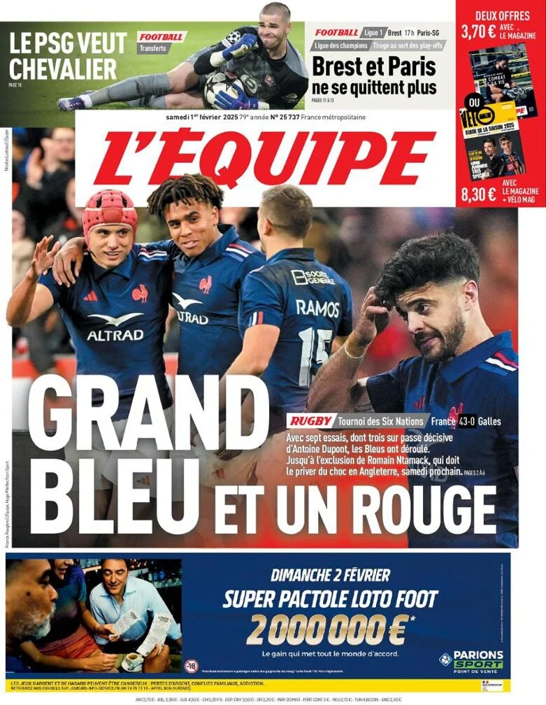 anteprima della prima pagina di lequipe del 01/02/2025