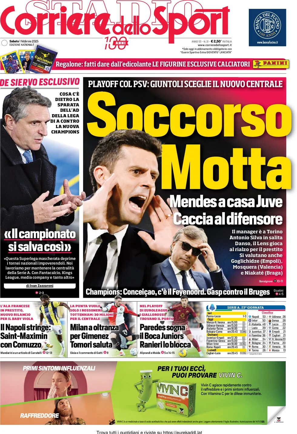 anteprima della prima pagina di corriere-dello-sport del 01/02/2025