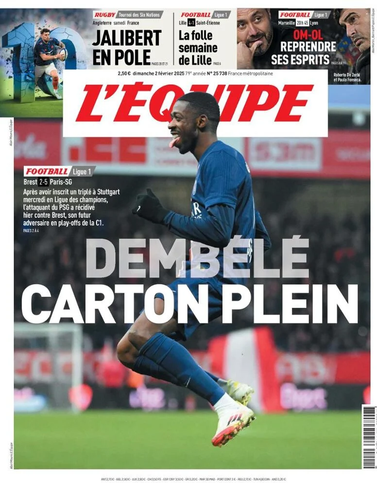 anteprima della prima pagina di lequipe del 02/02/2025