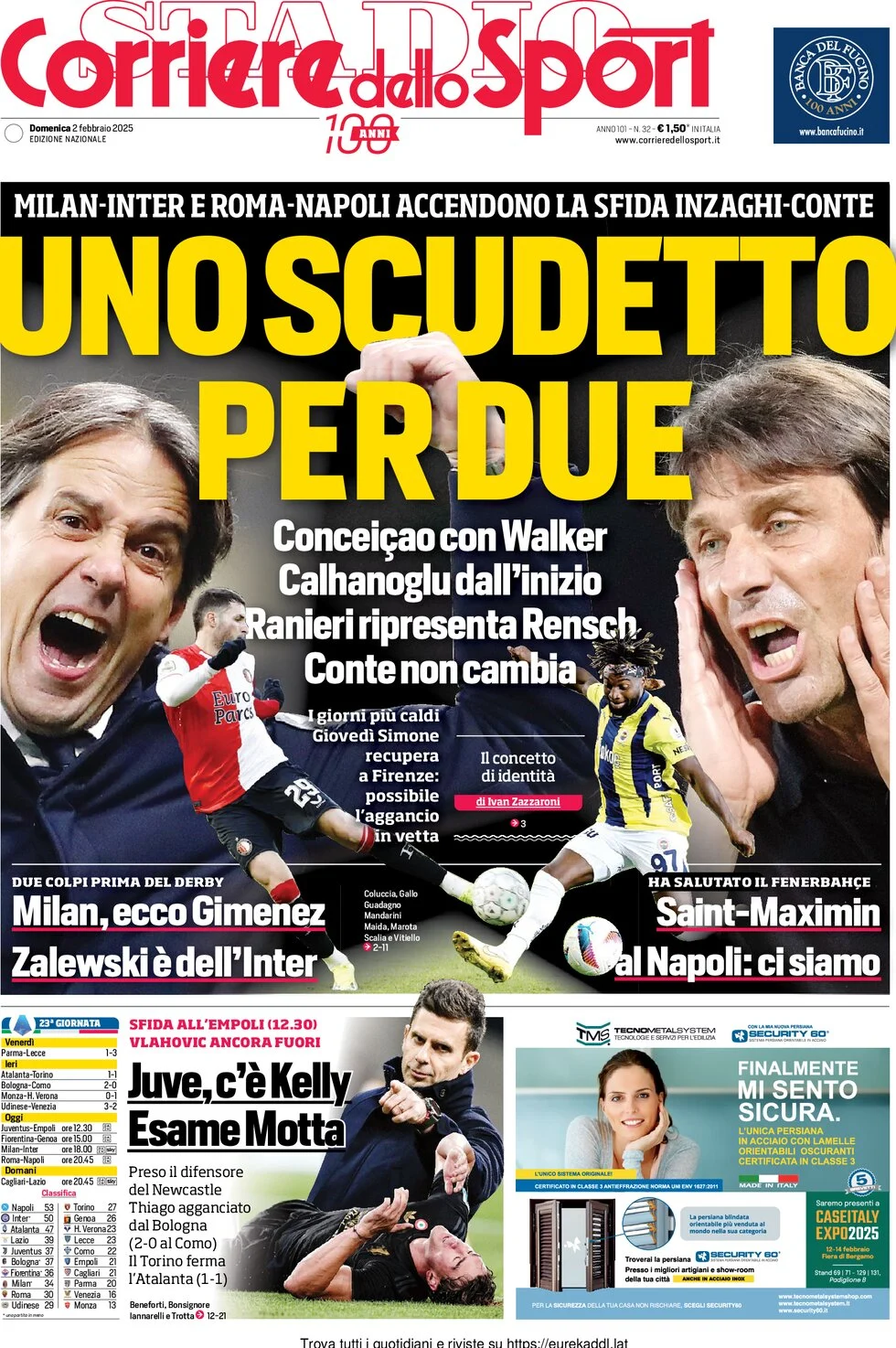 anteprima della prima pagina di corriere-dello-sport del 02/02/2025