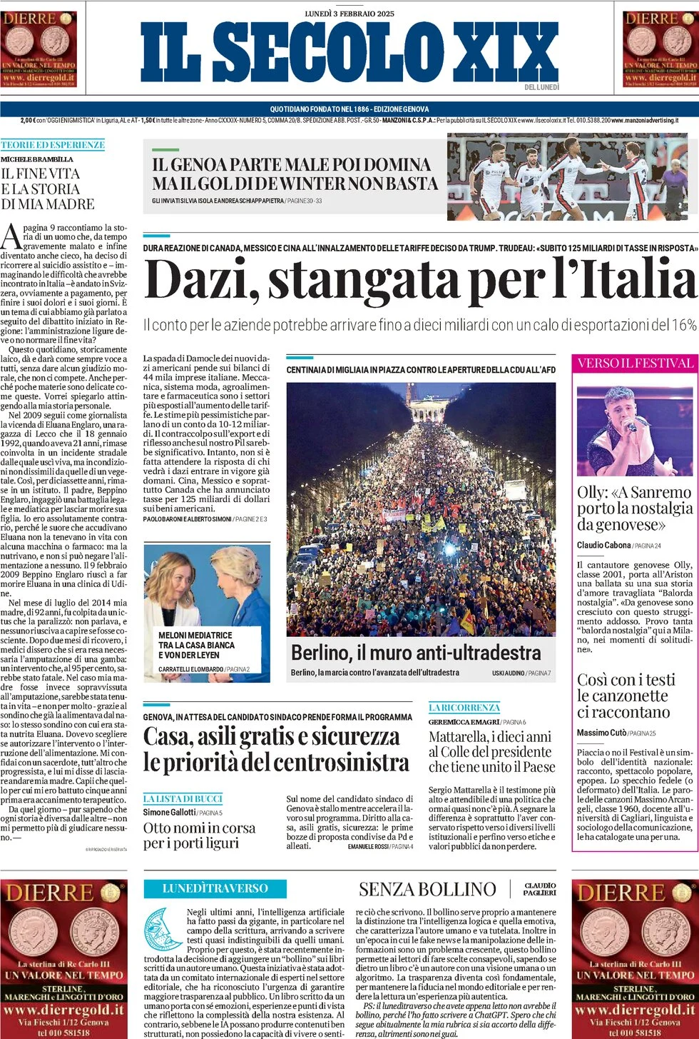 anteprima della prima pagina di il-secolo-xix del 03/02/2025