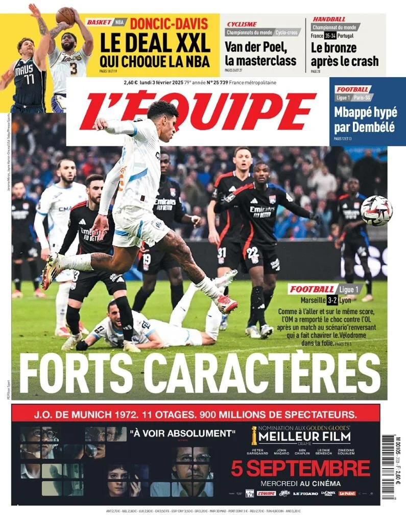 anteprima della prima pagina di lequipe del 03/02/2025