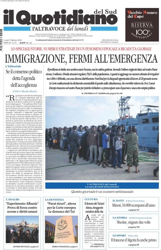 anteprima della prima pagina di il-quotidiano-del-sud-laltravoce del 03/02/2025