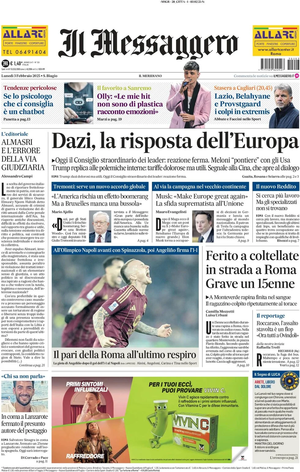 anteprima della prima pagina di il-messaggero del 03/02/2025