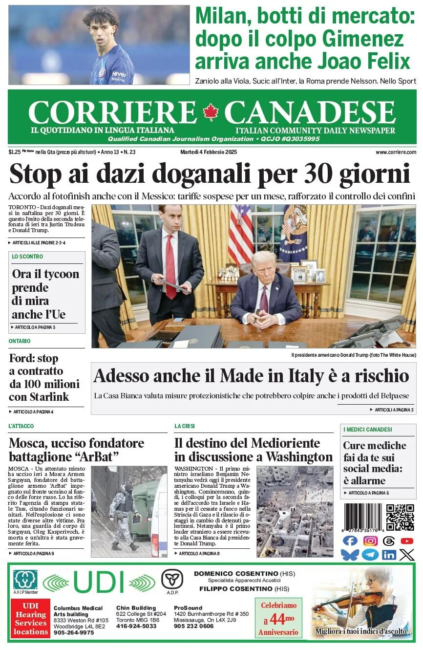 anteprima della prima pagina di corriere-canadese del 04/02/2025