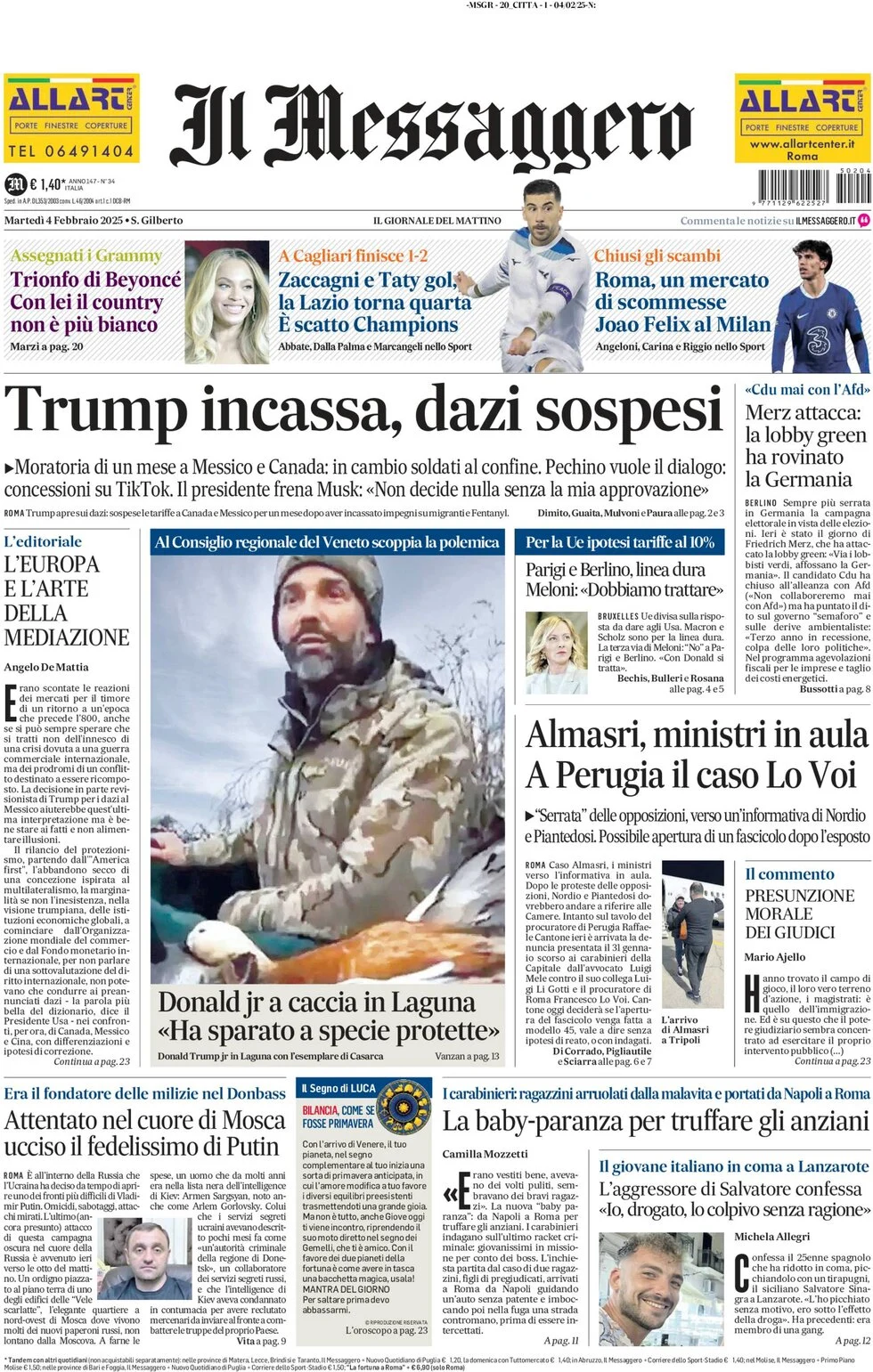 anteprima della prima pagina di il-messaggero del 04/02/2025