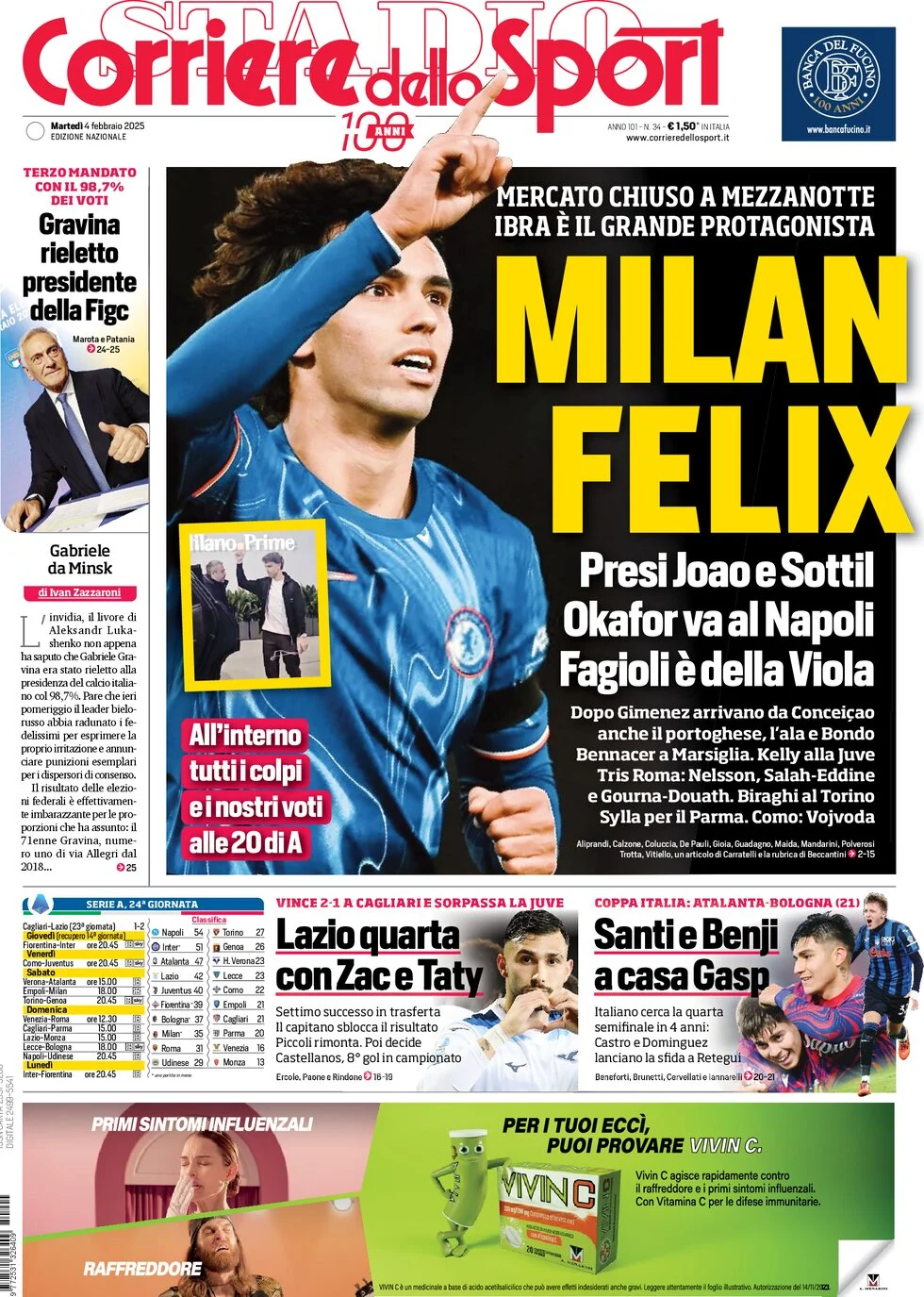 anteprima della prima pagina di corriere-dello-sport del 04/02/2025