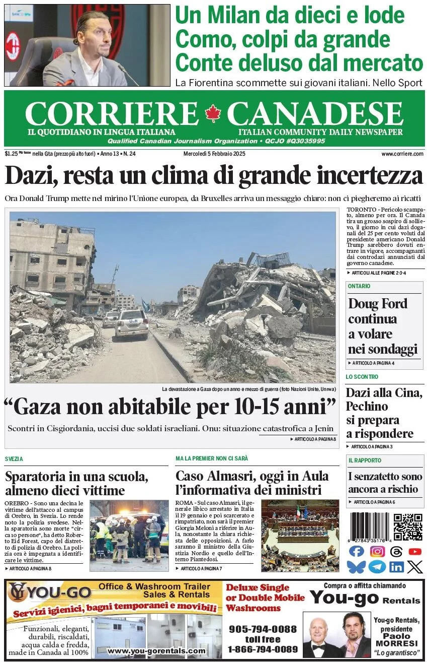 anteprima della prima pagina di corriere-canadese del 05/02/2025