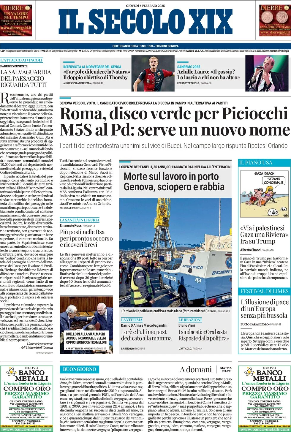 anteprima della prima pagina di il-secolo-xix del 06/02/2025