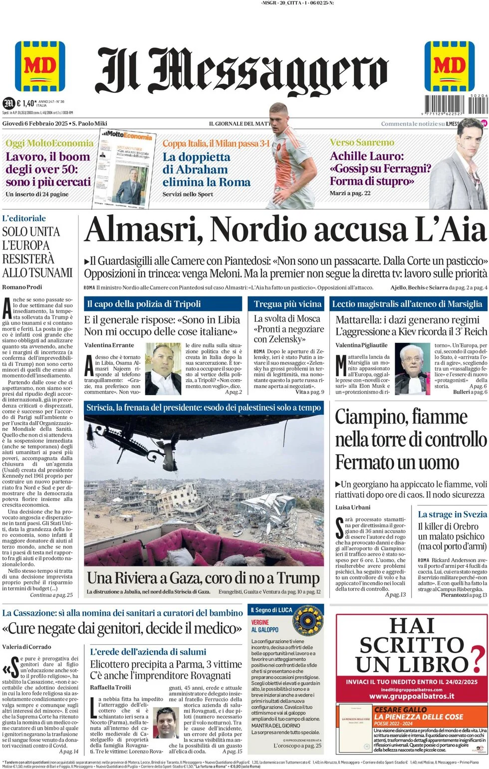 anteprima della prima pagina di il-messaggero del 06/02/2025
