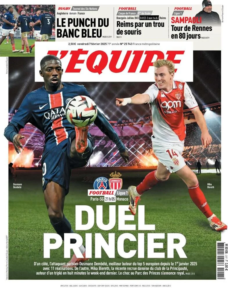 anteprima della prima pagina di lequipe del 07/02/2025