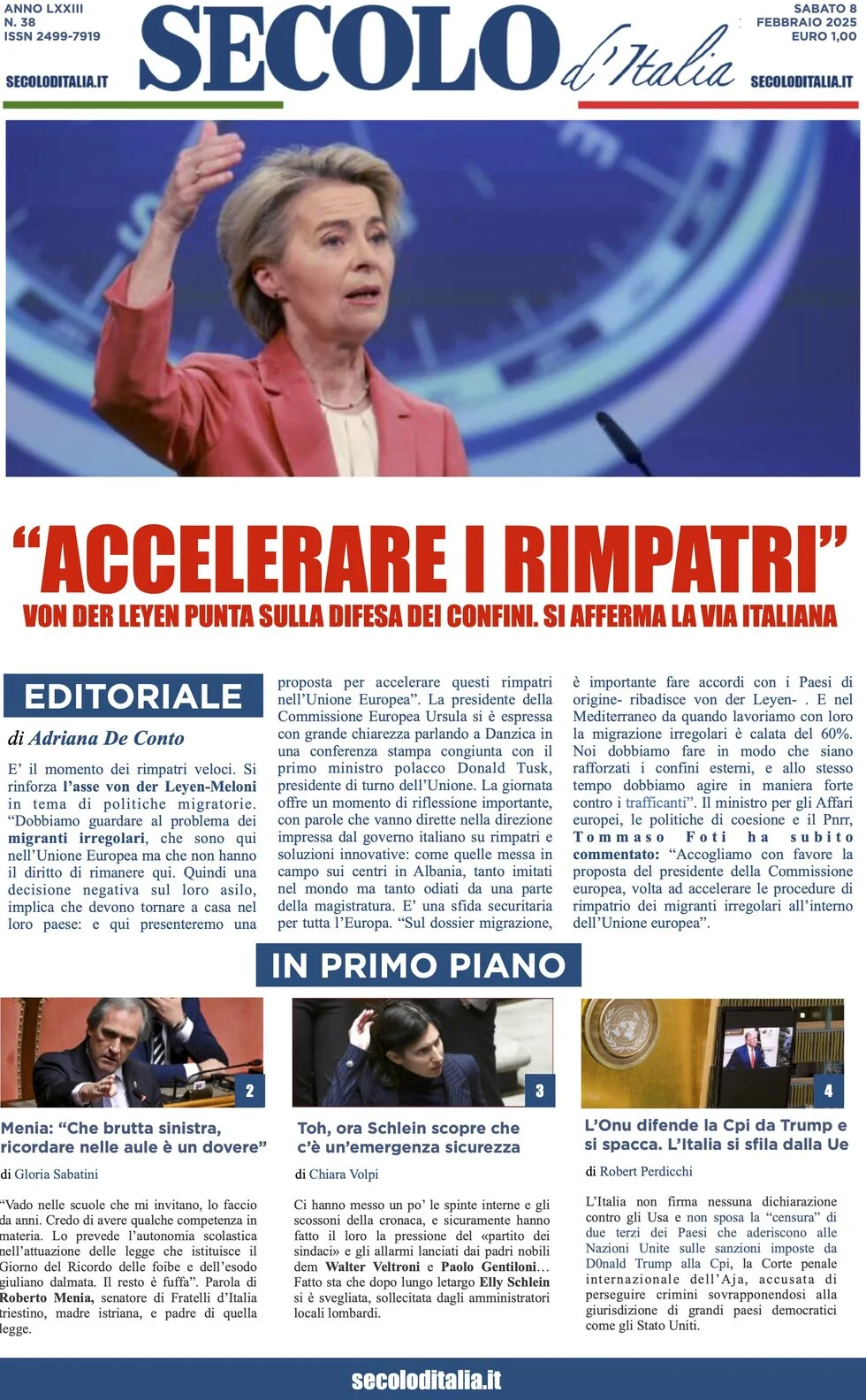 anteprima della prima pagina di secolo-ditalia del 08/02/2025