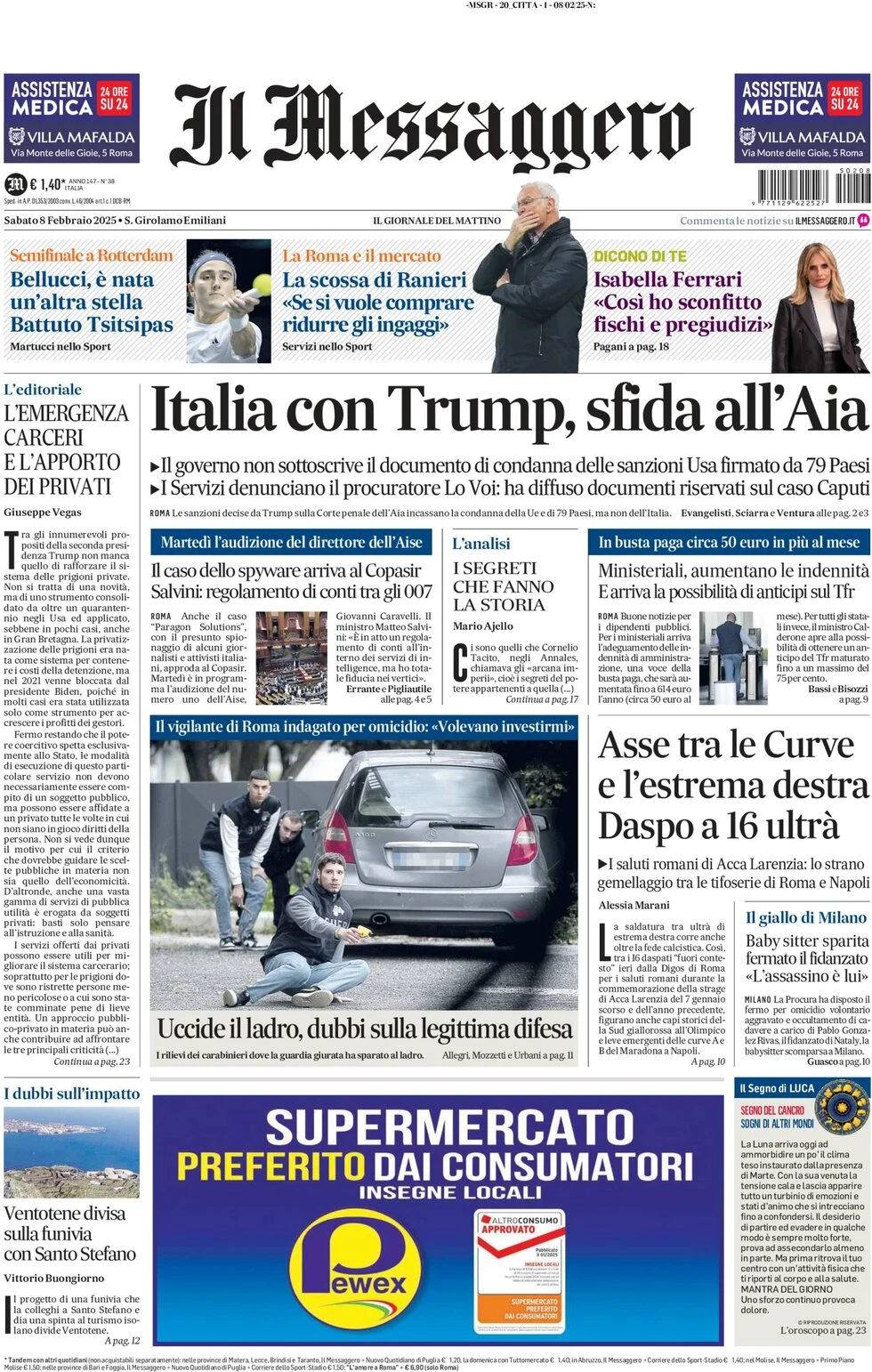 anteprima della prima pagina di il-messaggero del 08/02/2025