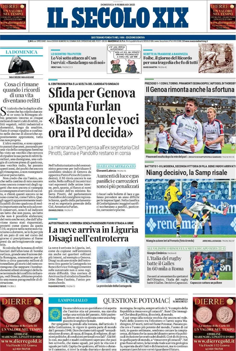 anteprima della prima pagina di il-secolo-xix del 09/02/2025