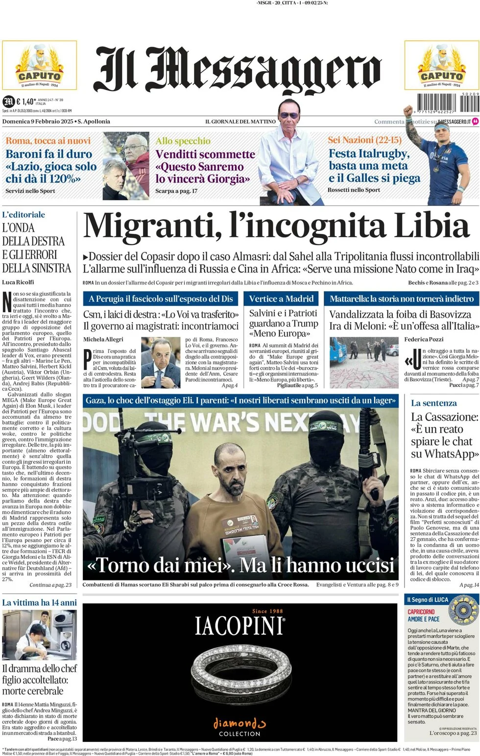 anteprima della prima pagina di il-messaggero del 09/02/2025