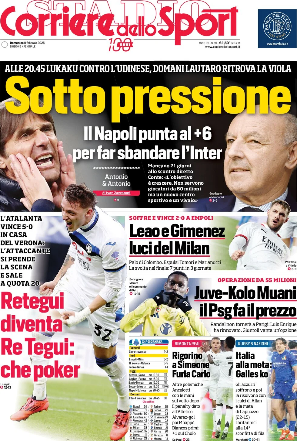 anteprima della prima pagina di corriere-dello-sport del 09/02/2025