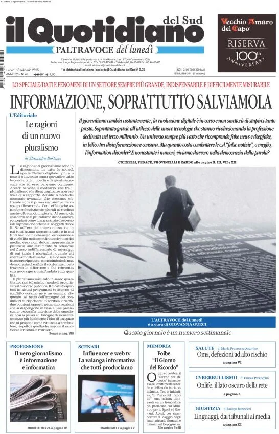 anteprima della prima pagina di il-quotidiano-del-sud-laltravoce del 10/02/2025