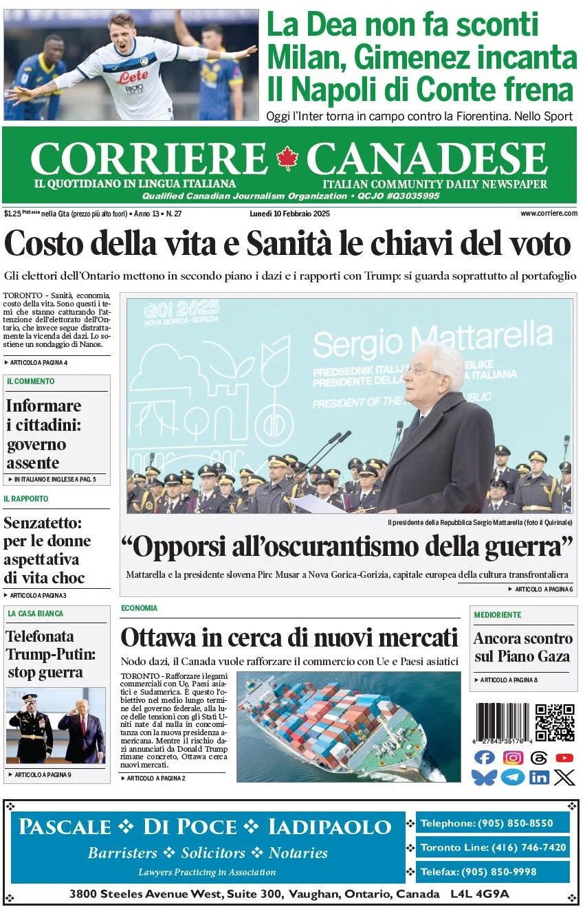 anteprima della prima pagina di corriere-canadese del 10/02/2025