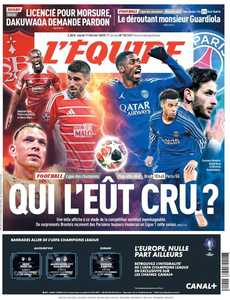 anteprima della prima pagina di lequipe del 11/02/2025