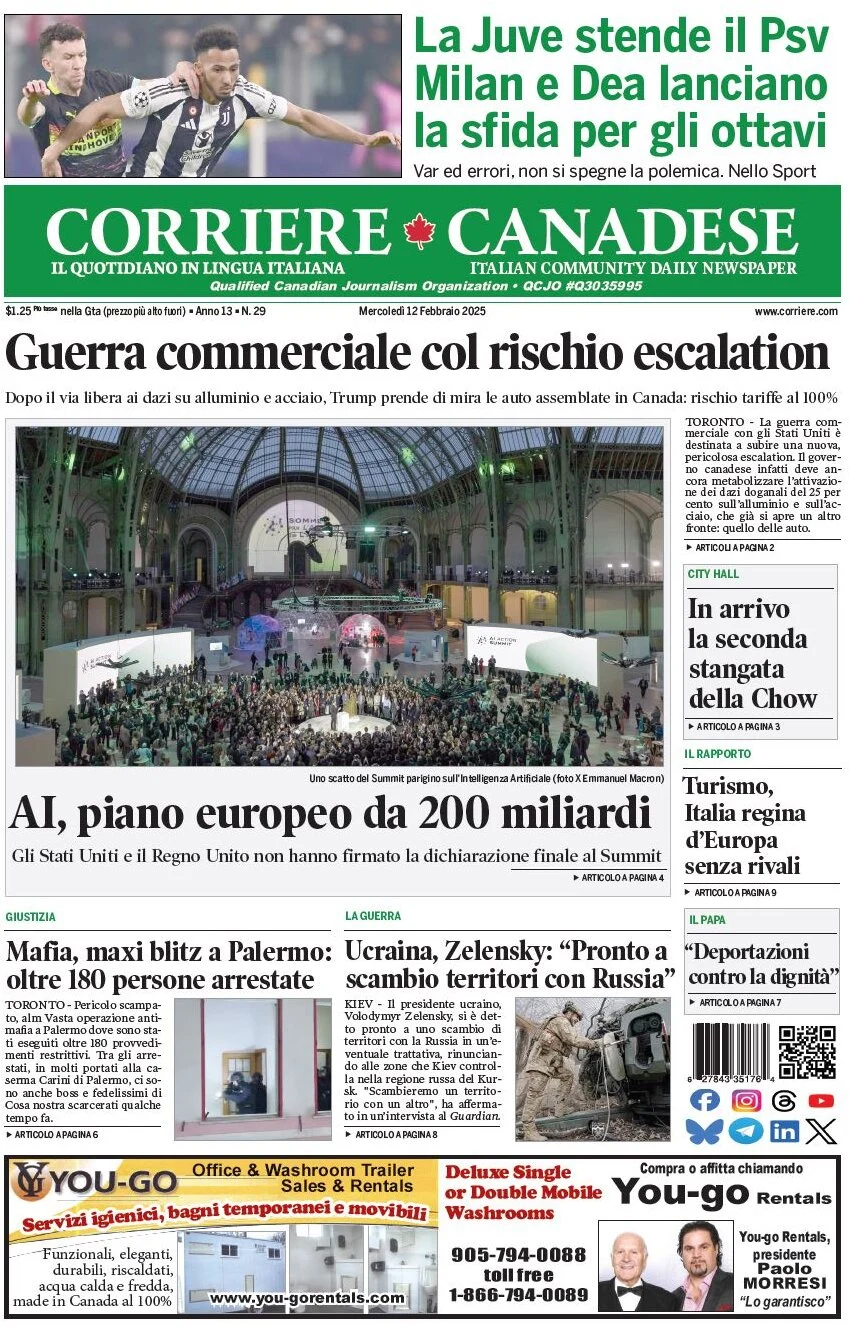 anteprima della prima pagina di corriere-canadese del 12/02/2025