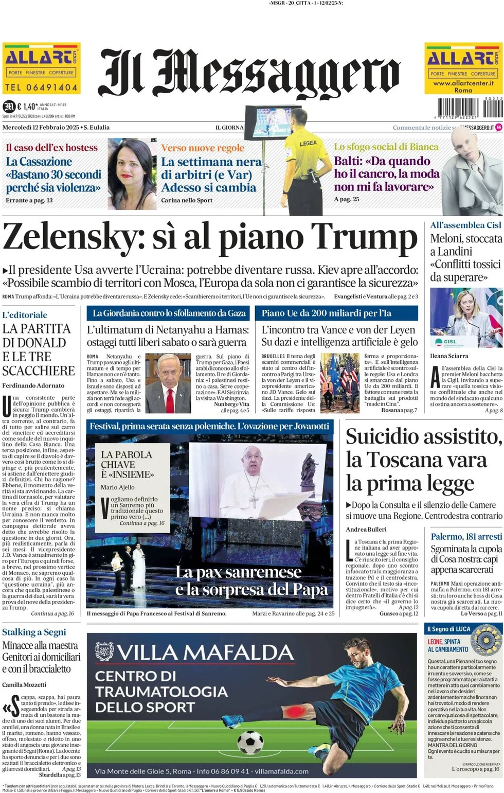 anteprima della prima pagina di il-messaggero del 12/02/2025