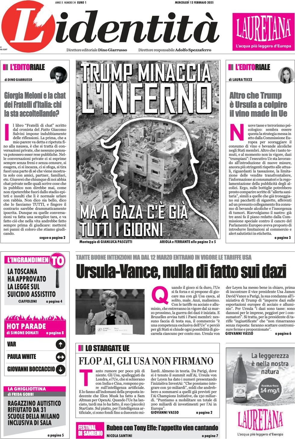 anteprima della prima pagina di lidentit del 12/02/2025