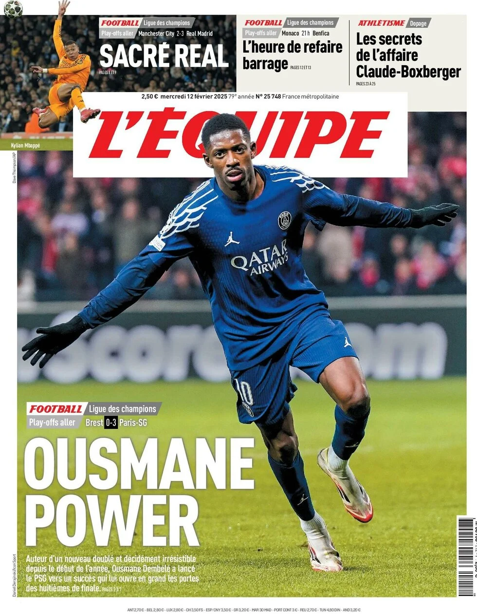 anteprima della prima pagina di lequipe del 12/02/2025