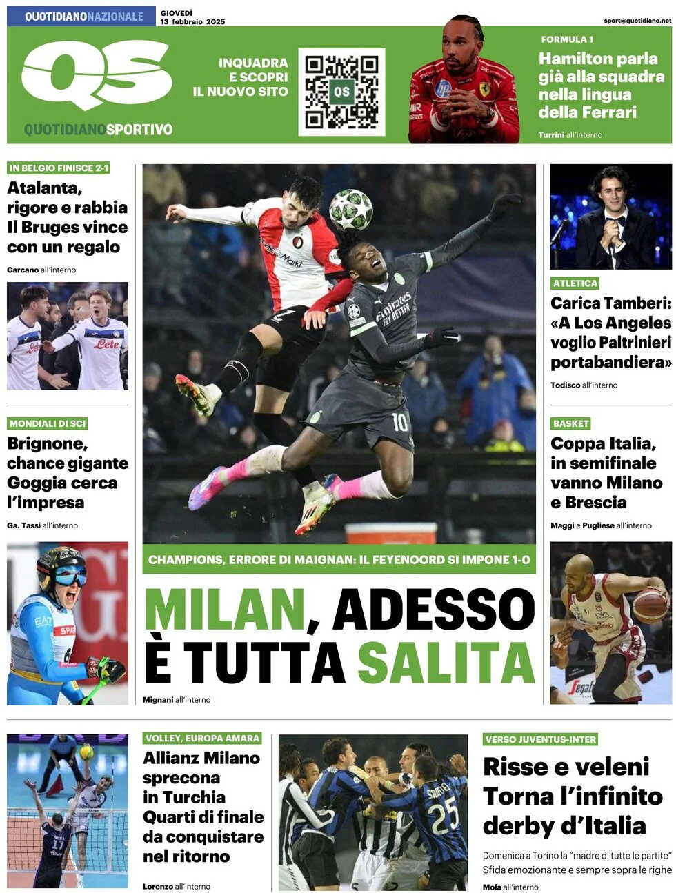 anteprima della prima pagina di qs-quotidiano-sportivo del 13/02/2025