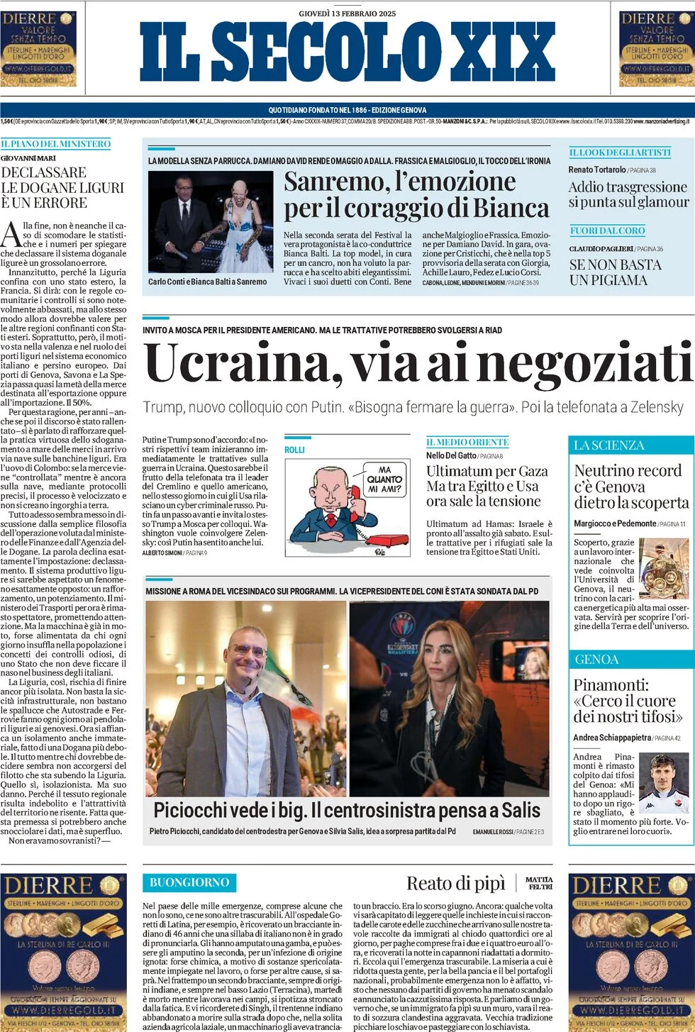 anteprima della prima pagina di il-secolo-xix del 13/02/2025