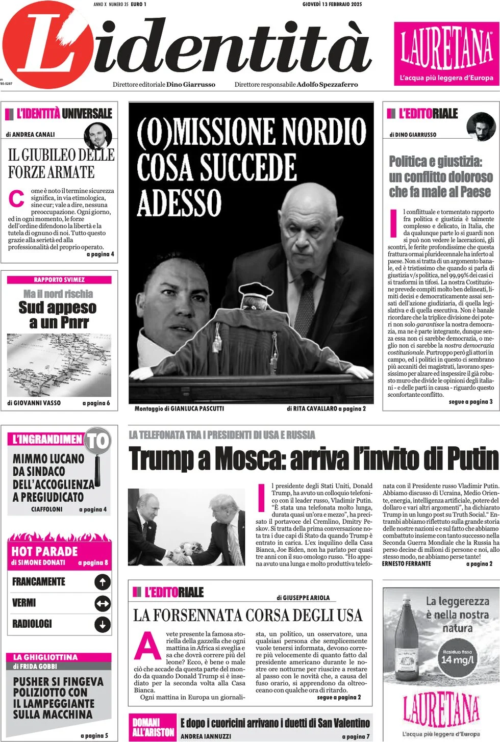anteprima della prima pagina di lidentit del 13/02/2025