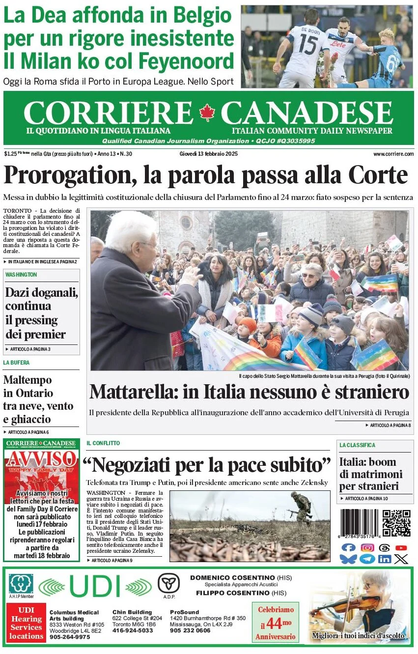 anteprima della prima pagina di corriere-canadese del 13/02/2025