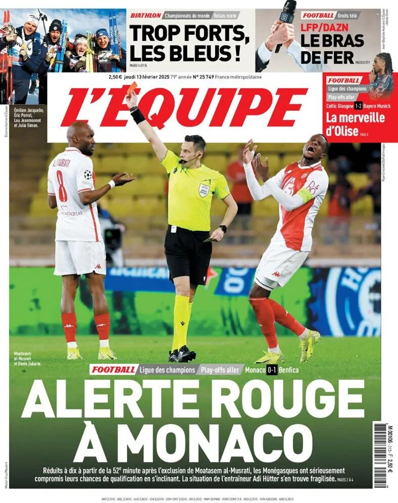 anteprima della prima pagina di lequipe del 13/02/2025