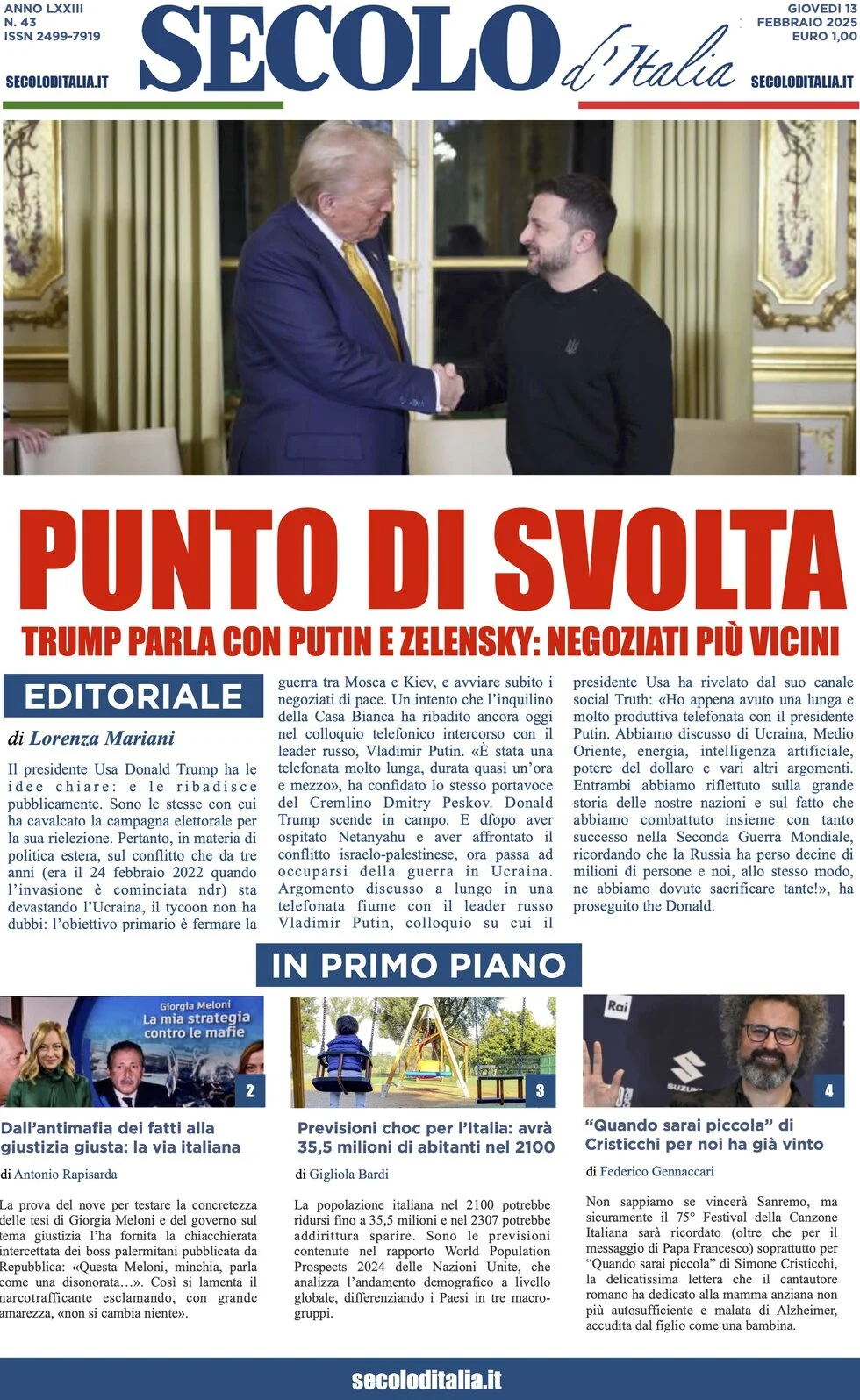 anteprima della prima pagina di secolo-ditalia del 13/02/2025