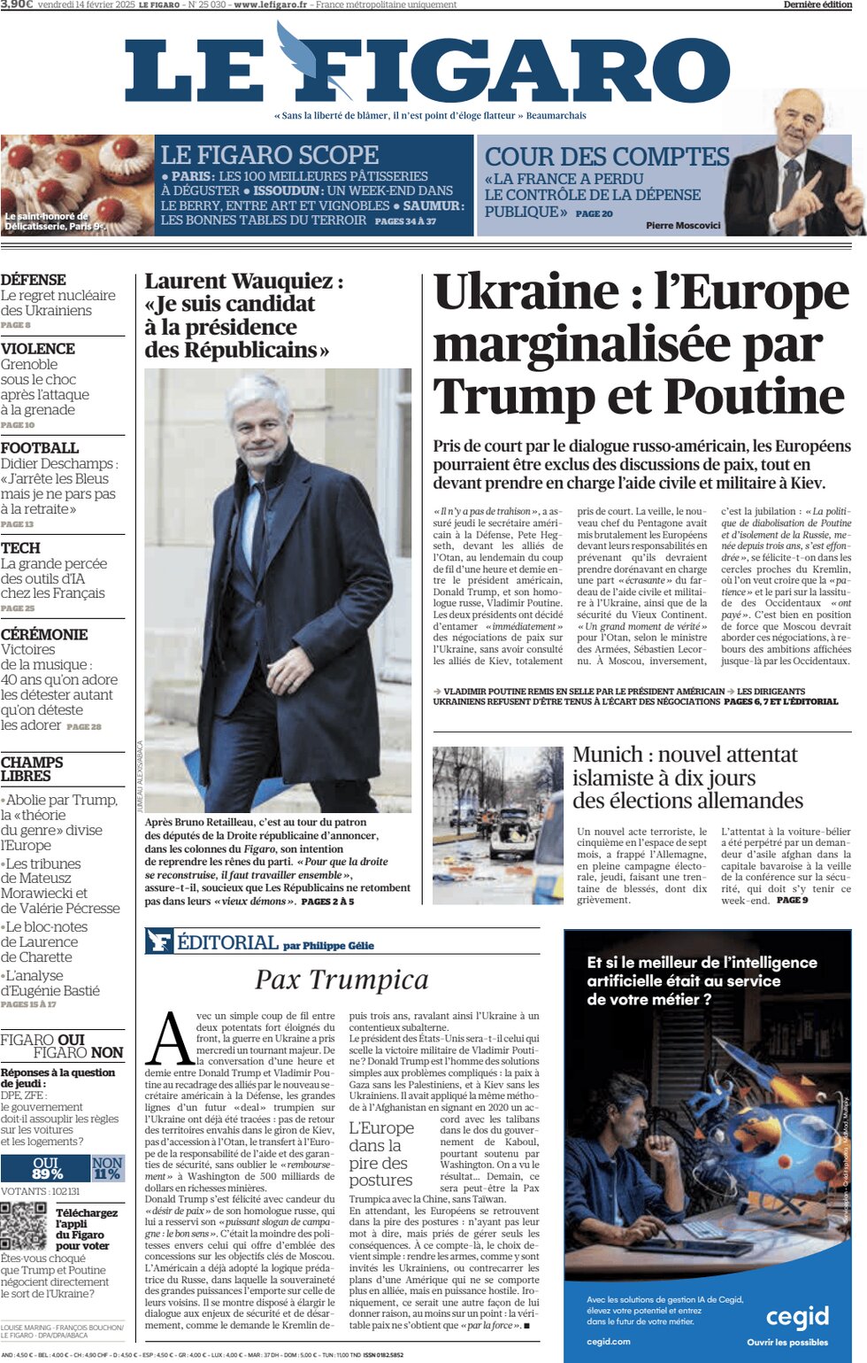 anteprima della prima pagina di le-figaro del 14/02/2025