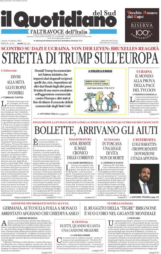 anteprima della prima pagina di il-quotidiano-del-sud-laltravoce del 14/02/2025